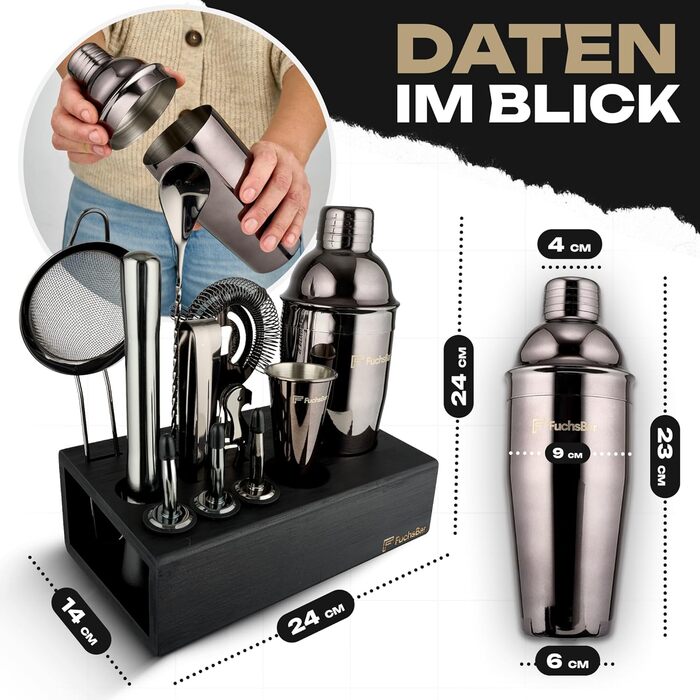 Набір для коктейлів, 8 предметів, нержавіюча сталь, з шейкером, стрейнером, ложкою, рецептами та аксесуарами – ідеальний барний набір для дому, вечірок та як подарунок