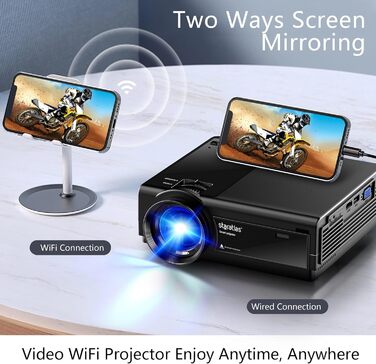 Staratlas Міні проєктор Full HD 1080P з Wi-Fi та Bluetooth, портативний для iPhone, 5G, Short Throw для домашнього кінотеатру, HDMI, USB, VGA, з динаміком