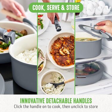 Набір посуду GreenLife 10 предметів з антипригарним покриттям, знімні ручки, складаний посуд, антитоксичні, без PFAS сковороди, індукційні каструлі та сковороди, економія місця, сервіровочні миски (Сірий (Графіт//Nature's Delight))