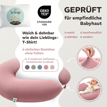 Подушка для годування та вагітності sei Design XXL 190x35 см, ергономічна подушка для сну на боці з чохлом з 100% органічної бавовни (муслін), пастельно-рожева