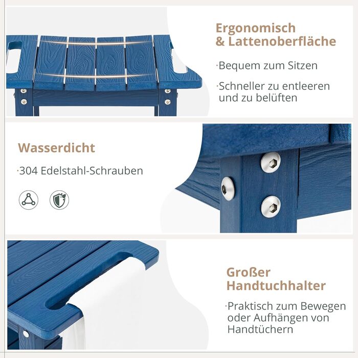 Двомісний душовий стілець LUE BONA HDPS з підставкою для гоління ніг, водонепроникний, з ручками, для внутрішнього та зовнішнього використання, Marineblau