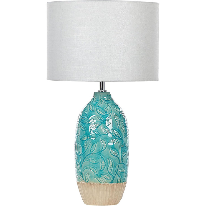 Настільна лампа Beliani з керамічним цоколем блакитно-бірюзового кольору 58 см, абажур з мотивом листя, білий Ataba