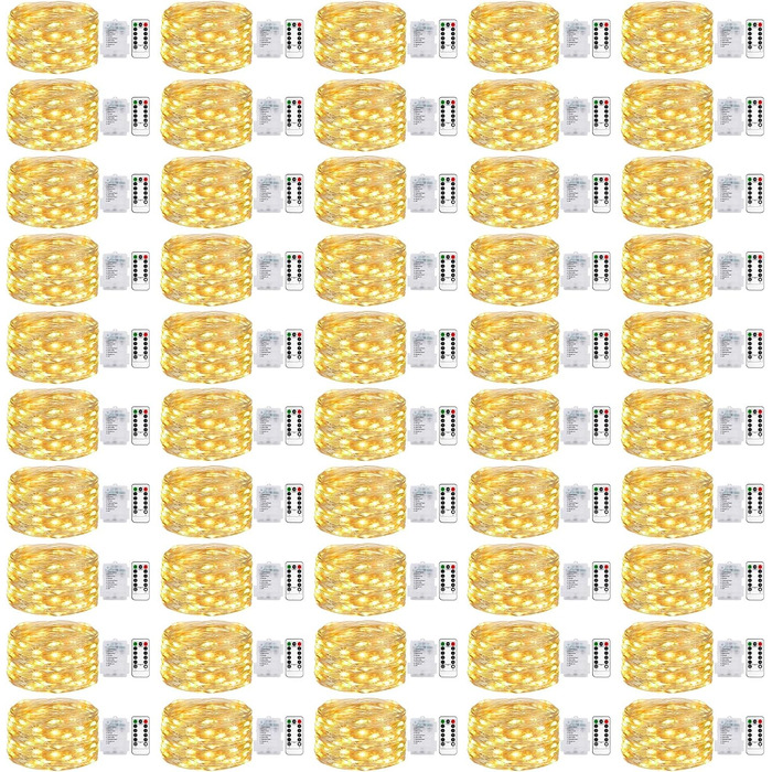 Льоко́ва гірлянда на батарейках, 5 метрів, 50 LED, з таймером та пультом, 8 режимів, вологостійка, тепле біле світло, для декору приміщень та саду, 6 шт.