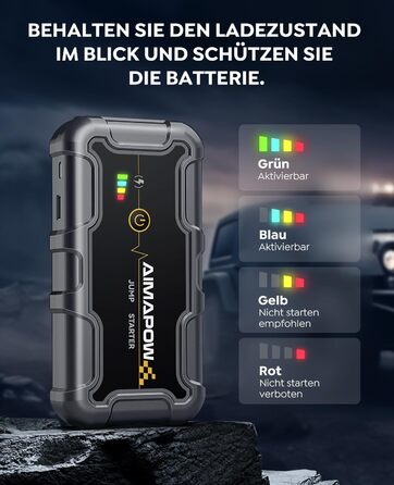 Powerbank з компресором та пусковим пристроєм AIMAPOW для автомобіля: 27000mAh, 160PSI, 6000A, LED-ліхтар, сумісний з бензиновими та дизельними двигунами (до 12.0L)