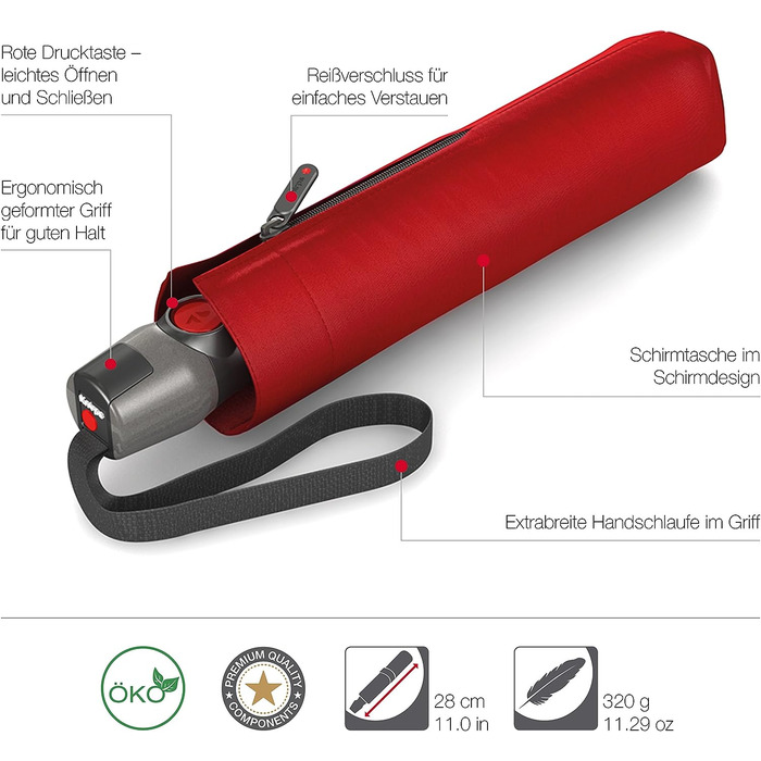 Кишенькова парасолька Knirps T.200 Duomatic Solids автоматичний з відкритим закриттям складний штормостійкий вітрозахисний червоний