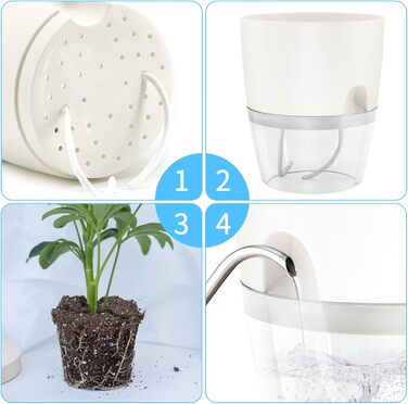 Набір горщиків для квітів з пластику (6 шт.) з автополивом, 22.3/15.3/10.5/8.2 см, для кімнатних рослин, квітів та трав - білий