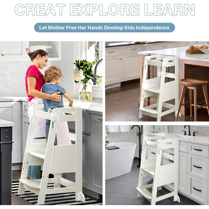 TOETOL Стілець-підставкою для малюків з бамбука, 3 положення по висоті, для кухні, ванної кімнати, антиковзаюча поверхня (слонова кістка)