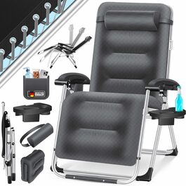 Шезлонг KESSER® для саду, широке лежаче місце, стійкий до погодних умов, витримує до 200 кг, ергономічна спинка з регулюванням, подушка, підголівник, тримач для напоїв, підлокітники та бічна кишеня, антрацит