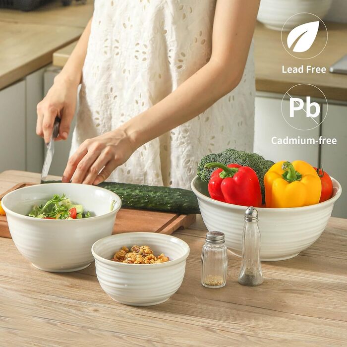 Набір керамічних мисок для перемішування Hasense, 2.1/1.0/0.5 Qt, ручної роботи, для салату та сервірування, глибокі миски для зберігання та випікання, мікрохвильова та посудомийна машини, збагачені глиною 20+40+84 унція, збагачені глиною Білий