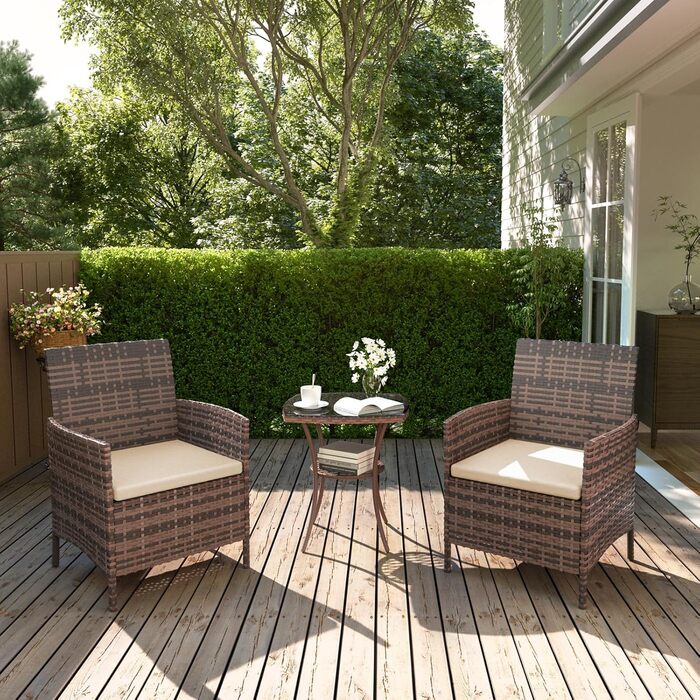 Набір меблів для саду UDPATIO Lounge: стіл та 2 стільці з поліротангу для балкона/тераси (колір: коричневий, 3-х частинний)
