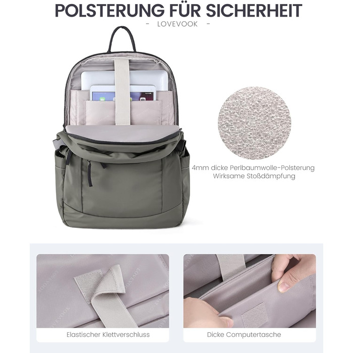 LOVEVOOK Рюкзак для ноутбука, водонепроникний, сірий/зелений, 17.3 дюйми - для жінок та чоловіків, універсальний, для роботи, навчання, подорожей