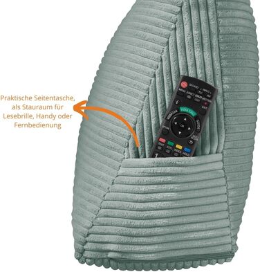 Подушка для спини в ліжко та на диван sleepling з вельвету (Cord), клиноподібна подушка для читання та підтримки попереку з бічною кишенею, знімний чохол, 70х40х20 см, бірюзова