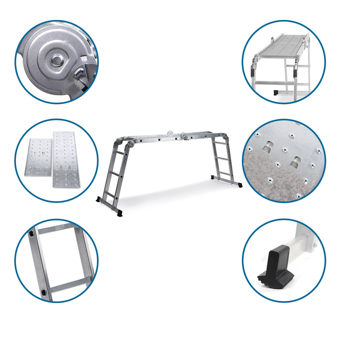 Багатоцільова драбина SOLID W3 алюмінієва зі сталевою платформою, срібна, hjh OFFICE