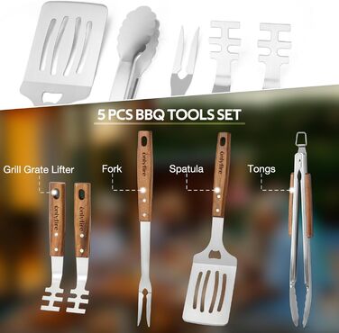 Набір гриль-посуду Onlyfire 4-TLG: щипці, лопатка, виделка, щітка з довгою ручкою з акації та нержавіючої сталі