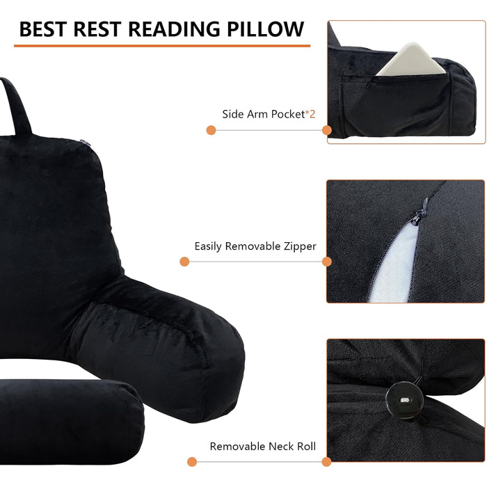 Велике подушечне крісло-гніздочко з валиками для шиї, чорне - для читання, перегляду телевізора, ігор та відпочинку в ліжку або на дивані
