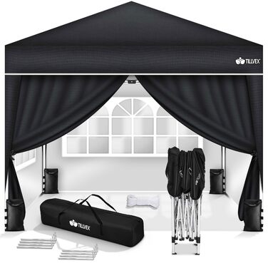 Павільйон Tillvex водовідштовхувальний з 4-ма мішками з піском | Pop-Up павільйон, стабільний та регульований по висоті | Садовий намет з UV захистом 50+ | Павільйон для вечірок з сумкою для саду (антрацит) (3x3м з 4 боковинами, 3 x 3 м, чорний, з 4 стінк