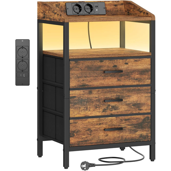 Приліжкова тумбочка Hzuaneri з LED-підсвіткою та функцією зарядки, 3 висувні ящики з тканини, USB-порти та розетки, для спальні/вітальні, чорний/коричневий, NS36301BEU, 1 шт.