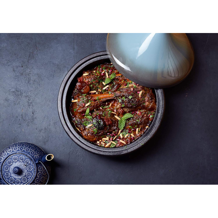 Тажин Кук - каструля для тушкування з емальованого чавуну, 3.3 л, керамічний конічний кришка, сіро-блакитний