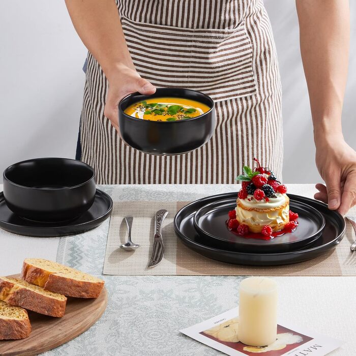 Набір посуду Joyfair на 6 осіб, 18 предметів, кераміка, чорний (Abyssal Schwarz). Тарілки обідні, десертні, миски для сніданку. Стійкий до подряпин, для мікрохвильовки та посудомийної машини