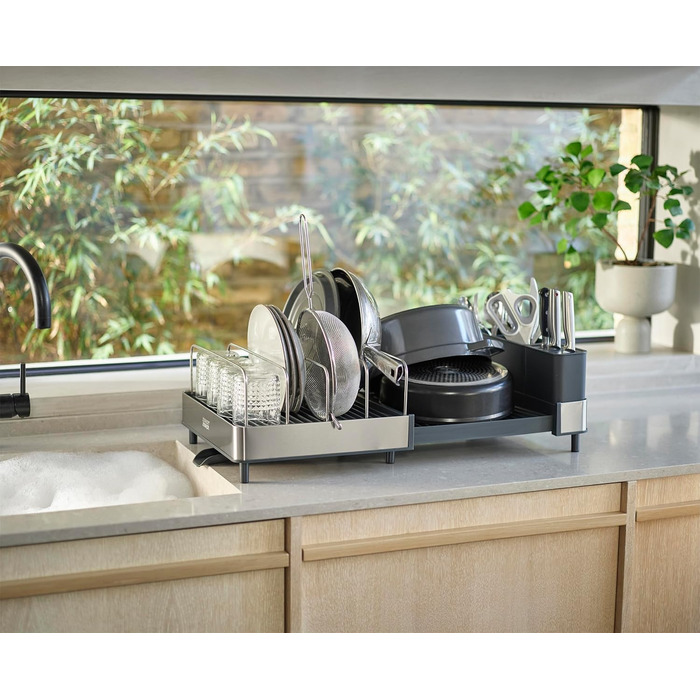 Сушарка для посуду Joseph Joseph Extend Max Steel з контейнером для столових приладів, сіра, нержавіюча сталь - велика місткість
