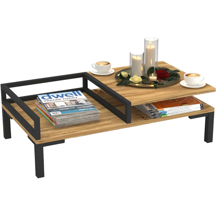 Журнальний столик Ibestad Журнальний столик з місцем для зберігання Стіл для вітальні Журнальний столик з металевим каркасом Відкритий відсік для зберігання матеріал на основі деревини (дуб сапфір, 90x50x28см)