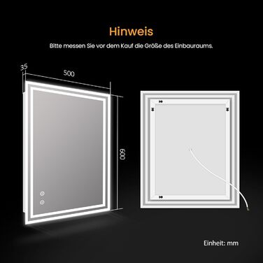 Дзеркало для ванної кімнати EMKE з підсвічуванням 50x60 см, антизапар, 2 кольори світла (тепле/холодне), LED, сенсорне керування