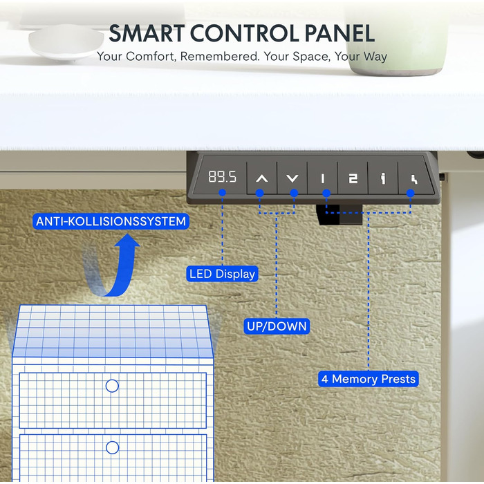 Регульований за висотою стіл FLEXISPOT 160x80 см з гачками, з суцільною стільницею 25 мм, ергономічний стіл з LED-дисплеєм висоти та функцією пам'яті (береза, білий). Структура береза+білий (160 x 80 см, білий+м'який білий)