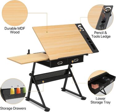 Набір мольбертів Magshion: регульований стіл для художника з нахиленою дерев'яною столешницею, ящиками та стільцем. Підходить для дому, офісу та школи (білий/чорний)