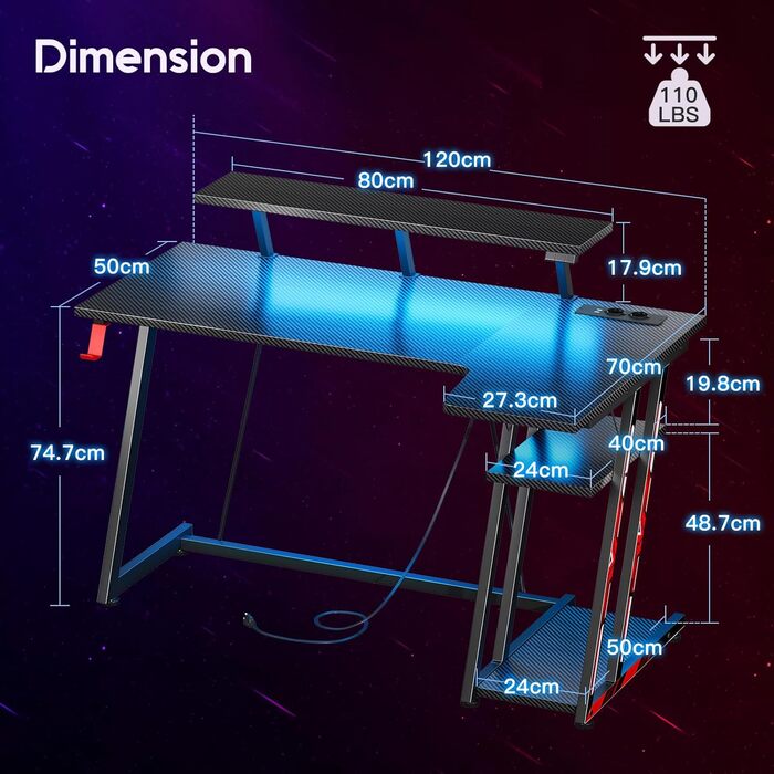 Ігровий стіл ODK зі світлодіодом, розетки, місце на полицях, підставка для монітора, L-подібна форма, вуглецеве волокно чорний 120 см
