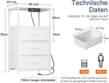 Приліжкова тумбочка Coleshome біла з розеткою, 2 USB, LED-підсвіткою, 3 висувними ящиками та місцем для зберігання, 40x30x70 см