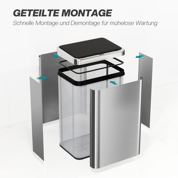 Відро для сміття з датчиком 40 л, нержавіюча сталь, автоматичне відкриття з м'яким закриванням кришки, датчик руху, розміри 35,5 x 26 x 55 см, сріблястого кольору