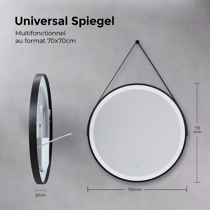 Круглий дзеркало для ванної кімнати з підсвічуванням 60см, LED, диммування, сенсорне керування, чорна рамка, знімне кріплення (70x70см, 6500K холодний білий світ)