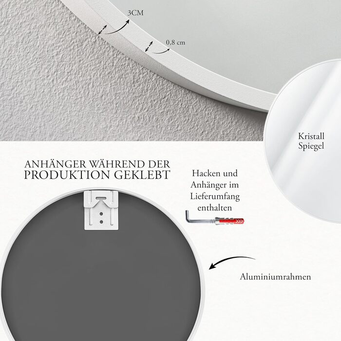 Круглий настінний дзеркало GOLD&CHROME: великий, 50x50 см, з гарантією 2 роки. Ідеально для ванної кімнати та макіяжу. Алюмінієвий, декоративний, великий дзеркало для ванної кімнати.