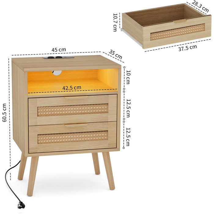Набір з 2 приліжкових тумбочок з ротангу, LED-підсвічуванням, розетками, регульованим кольором, з відкритим простором та 2 висувними ящиками з ротангу, масивні дерев'яні ніжки, колір дерева (2 шт.)