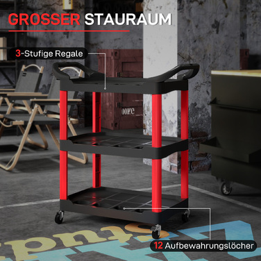 Ящик для інструментів з 3 рівнями, бічні ручки, колеса, пластик, червоний