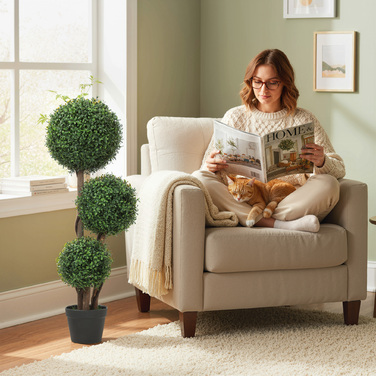 Штучна куля букса, трикульна, декоративна рослина. Штучна рослина з дерев'яним стовбуром у горщику, 30 x 30 x 100 см, зелена.