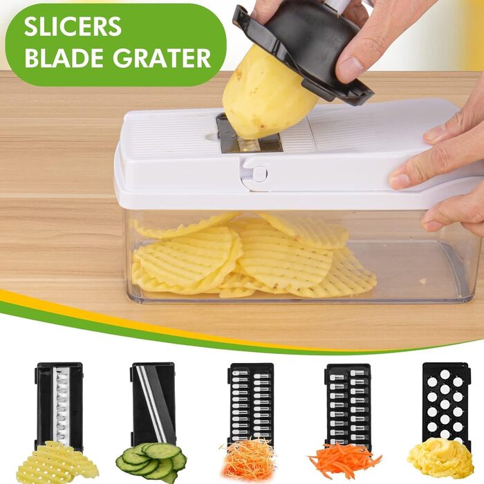 Багатофункціональний набір для нарізки овочів 22-в-1: спіралізатор, тертка, нарізач цибулі та картоплі, з контейнером 1.2л та друшляком (білий)