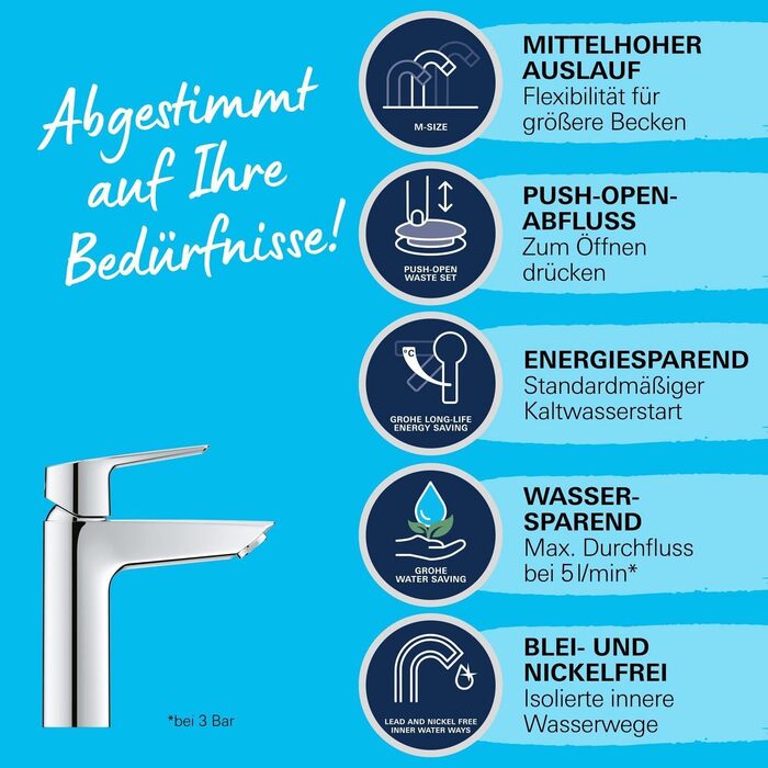 Змішувач для ванної кімнати Grohe Start, економічний, холодна вода в середньому положенні, з Pop-Up клапаном, 19 см, хром, 23746002 M (225 mm)