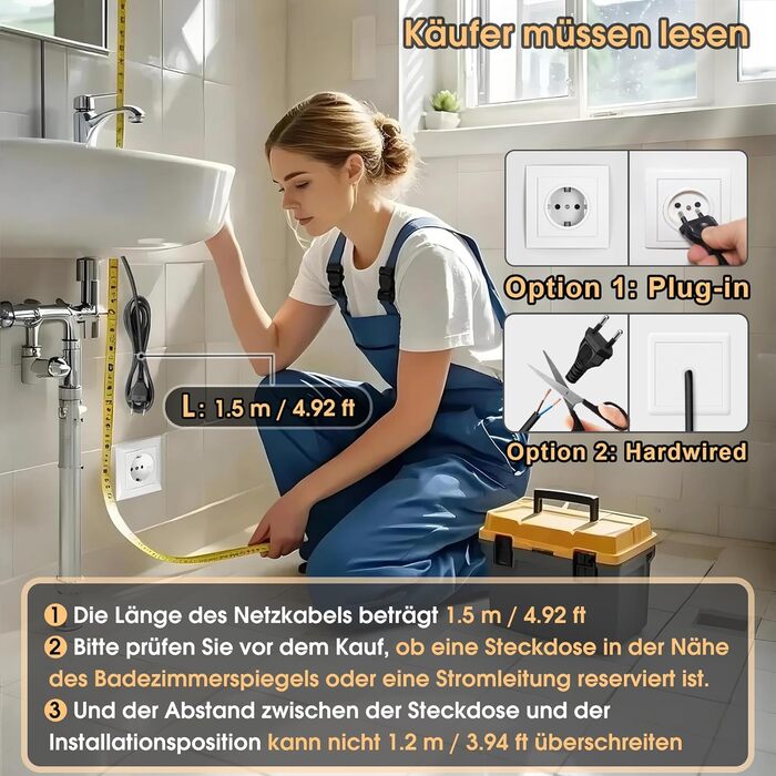 Дзеркало для ванної кімнати MYGIIVOVO з підсвічуванням LED, сенсорне керування, 3 кольори, 60x45 см