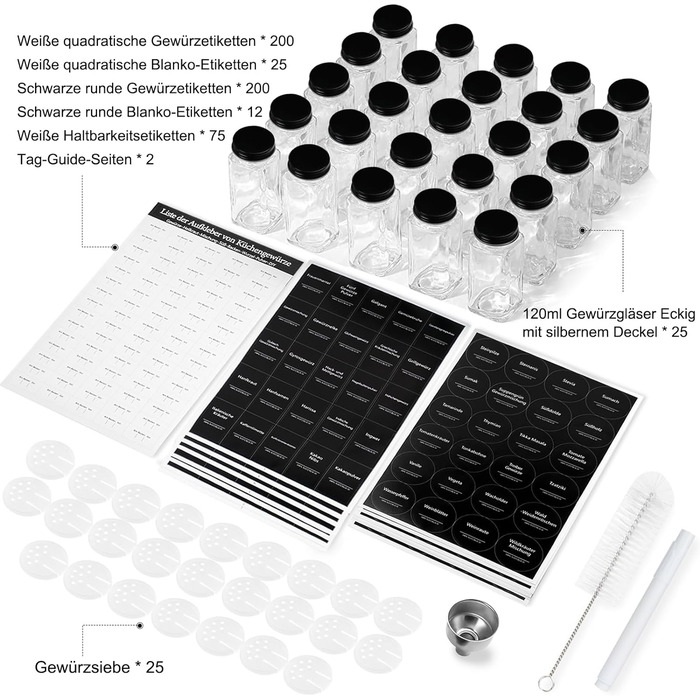 Набір баночок для спецій 25 шт. 120 мл, чорна кришка, з 512 етикетками, вставка для розбризкування, ручка, лійка та щітка