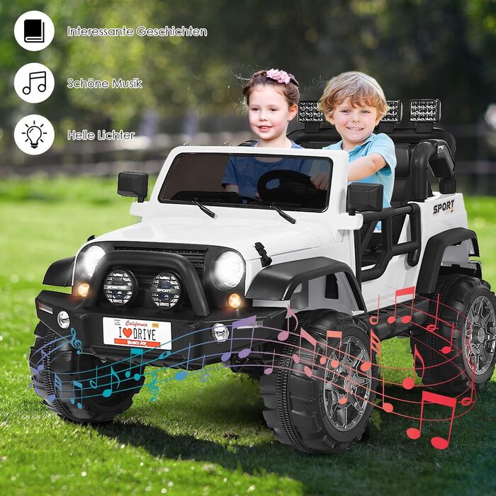 Дитячий електромобіль DREAMADE 12V, двомісний, з пультом ДУ, LED-підсвіткою, музикою, USB, для дітей від 3 років, білий