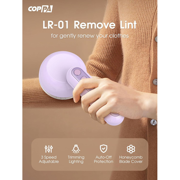 Електричний видальник ворсу COPPA з 6 лезами, 3 швидкості, перезаряджається, портативний, з індикатором заряду, для одягу (білий/фіолетовий)