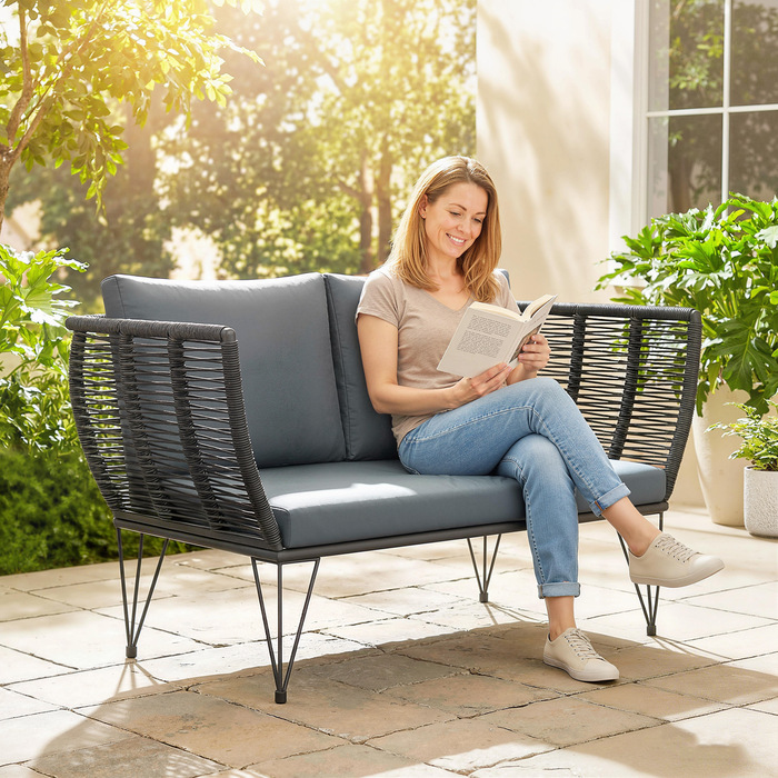 Диван садовий з подушками на 2 місця, вуличний диван для балкона, ротанговий диван з поліротангу, садові меблі 123 x 67 x 72 см, світло-сірий