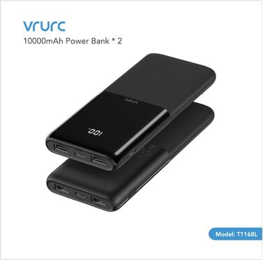 Комплект з 2 шт. , USB C, 2 порти USB, 2.4A, для смартфонів, iPhone, Samsung, чорний, 10000mAh