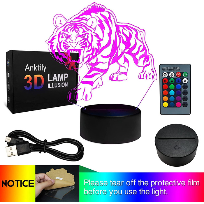 Нічна лампа-ілюзія для дітей, 16-кольорова настільна лампа з дистанційним управлінням, настільна лампа, подарунки на день народження для чоловіків, жінок, хлопчиків, дівчаток (тигр), 3D