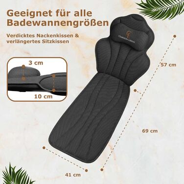 Подушка для ванни повномірна (152x56 см) з підголівником (11 см) чорного кольору – підтримка шиї, спини та ніг. Зі сумкою для прання та подорожей, гачком для сушіння.