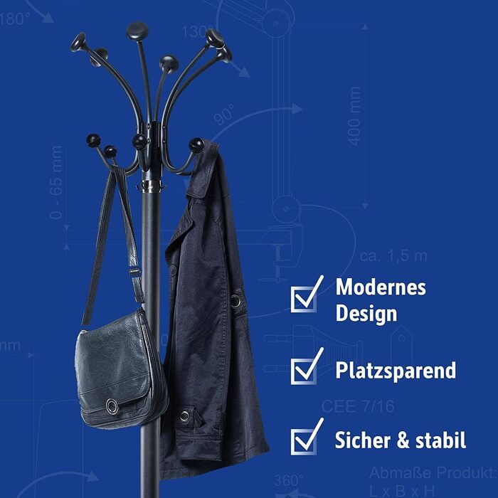 Настінна вішалка для одягу MAUL Nebula з 20 гачками та тримачем для парасольки, срібно-чорна