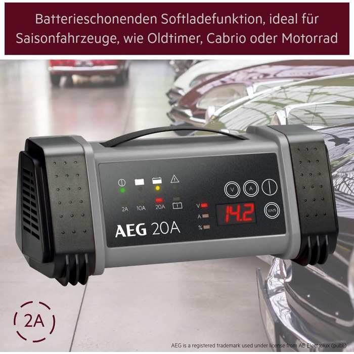 Зарядний пристрій акумуляторів AEG LT 20, 20A для 12/24V авто, 9-ступінчатий, з інтелектуальною функцією заряджання та автоматичним вирівнюванням температури, чорний/сірий