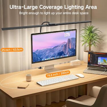 OUTON LED лампа для столу з двома головками, 85.5 см, 1600 люмен, сенсорне керування, регулювання яскравості, 5 температур кольору, таймер, пам'ять, захист очей, кріпиться за допомогою затискача, для офісу та дому, чорний