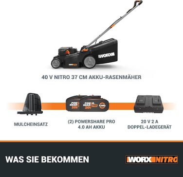 WORX WG737E акумуляторний газонокосарка Nitro 40V (2x20V) - безщітковий двигун, ширина зрізу 37 см, 6 рівнів висоти зрізу (20-70 мм), 40л травозбірник, 2x4Ah акумулятори та подвійний зарядний пристрій, без приводного колеса